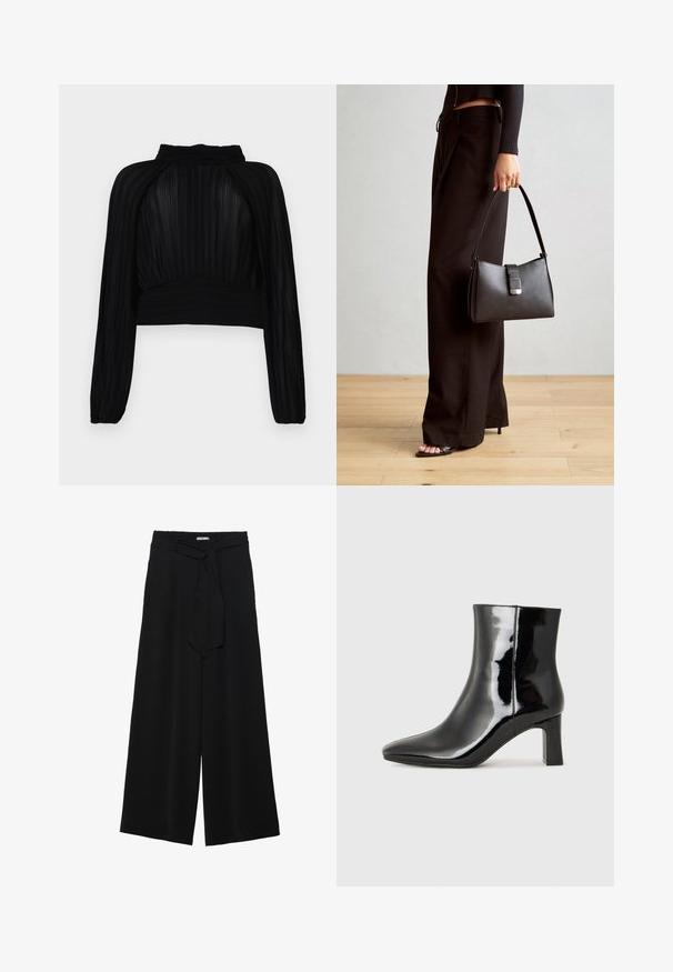Schwarzes, verkürztes Oberteil mit plissierter Textur, langen Ärmeln, hohem Kragen und Raffung am Saum und an den Schultern.; Schwarze weite Hosen aus strukturiertem Stoff, mit elastischem Bund und einem abnehmbaren Bindegürtel in der Taille für eine verstellbare Passform.; Schwarzer Lackleder-Stiefelette mit spitzer Zehe und einem mittelhohen Blockabsatz. Glatte Textur und minimalistisches Design.; Schwarze Handtasche mit strukturierter Form, glatter Textur und einem metallischen Verschluss. Kombiniert mit weiten schwarzen Hosen und offenen Sandalen auf einem Holzboden.