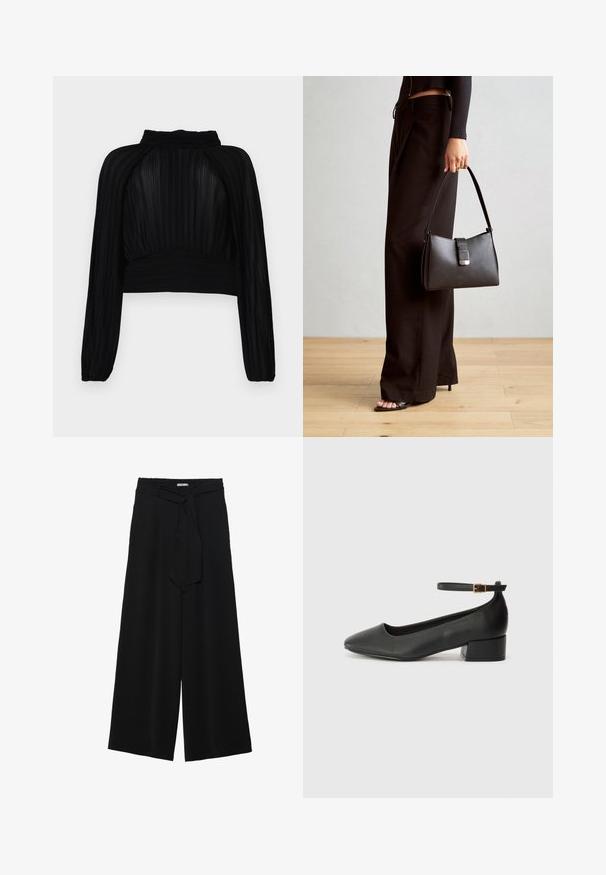 Svart cropped topp med plisserte teksturer, lange ermer, høy hals og rynkete detaljer ved kanten og skuldrene.; Svart vide bukser med teksturert stoff, elastisk midje og avtagbart belte som gir justerbar passform.; Sorte skinnpumper med spiss tå og lav blokkhelt. Har ankelrem med gullfarget spenne. Glatt tekstur.; Svart håndveske med strukturert form, jevn tekstur og metallisk lås. Kombinert med brede svarte bukser og sandaler med åpen tå på tregulv.
