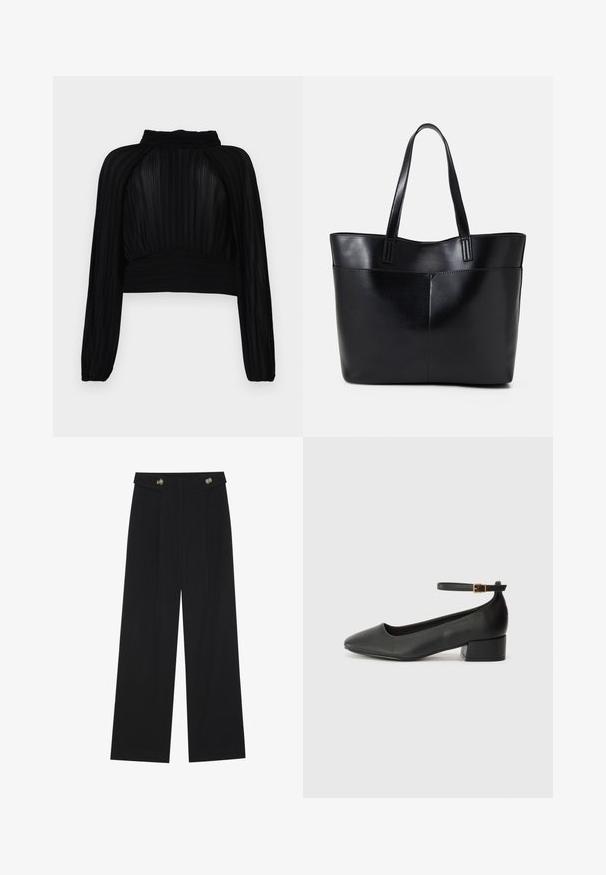 Mustapaitainen lyhyt yläosa, jossa on poimutettu pinta, pitkät hihat, korkea kaulus sekä poimutushelma ja -olkaat.; Mustat leveälahkeiset housut, joissa on korkea vyötärö, napit vyötärönauhassa ja etupuolella laskokset.; Mustat nahkakengät, joissa on terävä kärki ja matala lohkare korko. Varustettu nilkkahihnalla, jossa on kultasävyinen solki. Lisää sileä pinta.; Musta nahkainen kassi, jossa on kaksi pitkää kahvaa, sileä pinta ja jämäkkä muoto. Sisältää etutaskun lisävarastointia varten.