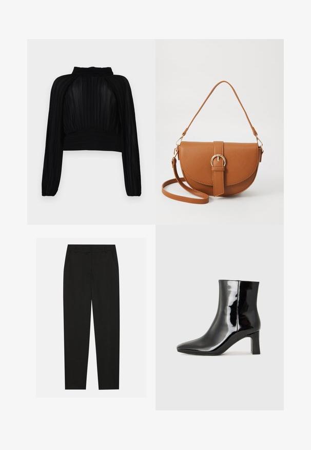 Top scurt negru cu textură plisată, mâneci lungi, guler înalt și detalii pliate la tiv și umeri.; Pantaloni negri cu un design croit, dotati cu buzunare laterale si un croi drept. Fabricati dintr-un material neted, usor, cu un finisaj elegant.; Botine negre din piele lacuită, cu vârful ascuțit și toc bloc de înălțime medie. Textură netedă și design minimalist.; Geantă din piele maro, tip crossbody, cu o formă curbată, accesorii aurii și un accent cu cataramă. Dispune de un curea de umăr detașabilă.