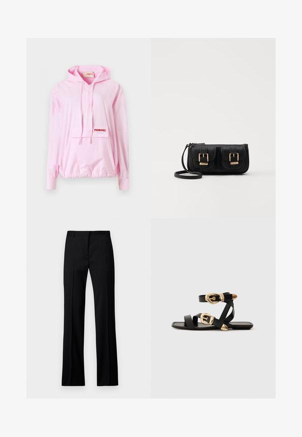 Růžový mikina s kapucí s kostkovaným vzorem, elastickým spodním lemováním, volným střihem, přední kapsou a vyšitým logem "Fiorucci" na hrudi.; Černé kalhoty rovného střihu z hladkého materiálu, s plochým předním dílem, poutek na opasek a bez viditelných kapes nebo ozdob.; Černé kožené sandály s pozlacenými přezkami, s vícero popruhy a plochou podrážkou pro nošení s otevřenou špičkou.; Černá kožená crossbody taška se dvěma předními kapsami, zlatými přezkami, zipovým uzávěrem a štíhlým popruhem. Texturovaný povrch a kompaktní obdélníkový tvar.