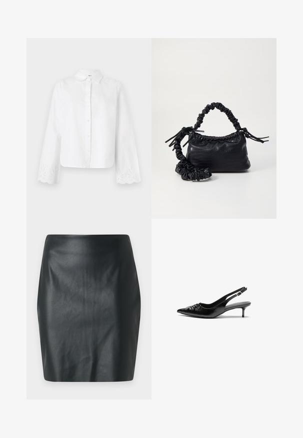 Weißes Hemd mit Knopfleiste und spitzem Kragen, langen Ärmeln mit gewellten Kanten und bestickten Blumenmustern an den Manschetten.; Schwarzer Kunstleder-Minirock mit glatter Textur, schmaler Passform und geradem Schnitt. Keine sichtbaren Beschläge oder Verzierungen.; Schwarze Leder-Slingback-Absätze mit einer spitzen Zehenform, kleinen Kitten-Absätzen und einem dekorativen Knoten-Detail auf der Vorderseite. Glatte Textur über die gesamte Fläche.; Schwarze Handtasche aus Kunstleder mit Krokodilstruktur, gerafftem oberen Teil und einem geschoppten Tragegurt. Sie wirkt weich und kompakt im Design.