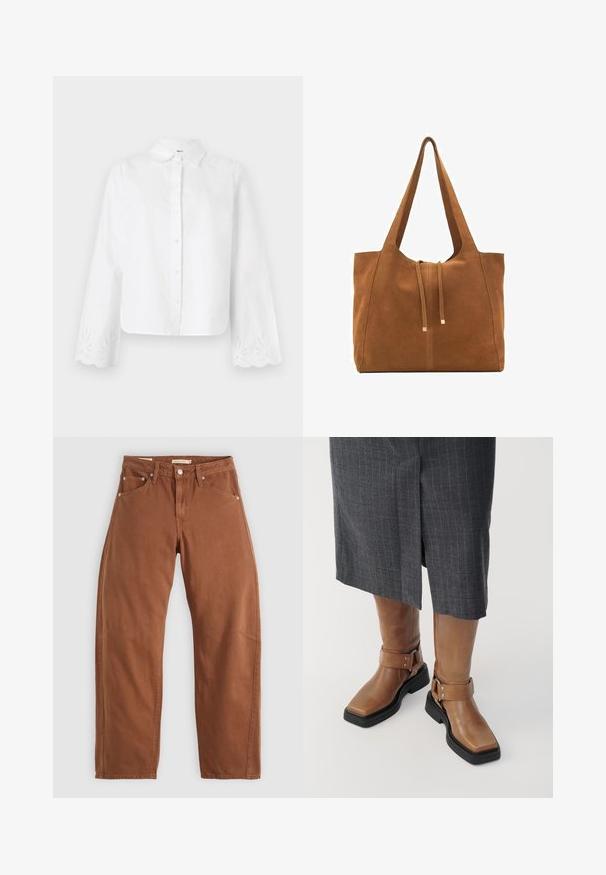 Valkoinen nappipaita, jossa on terävä kaulus, pitkät hihat, joissa on aaltoilevat reunat ja brodeerattuja kukkakuoseja hihansuissa.; Ruskon väriset suorat lahkeet, joissa on etu- ja takataskut, metalliset niitit, napitus ja vyölenkit, asetettuna tasaiseksi valkoista taustaa vasten.; Ruske nahkasaappaat polven korkeudelle suoralla varvalla, mustalla kumipohjalla ja säädettävällä soljella. Yhdistetty harmaaseen raitahameeseen.; Ruskea nubuk-olkalaukku, jossa on kaksi pitkää hihnaa, naru- ja minimalinen sulkemismekanismi. Tasainen pinta ja ei näkyviä metalliosia.