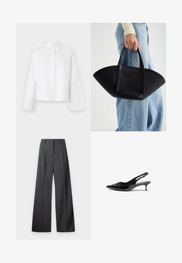 Cămașă albă cu guler ascuțit, mâneci lungi cu margini ondulate și modele florale brodate la manșete.; Pantaloni culți din țesătură gri închis, cu talie înaltă, pliuri simple și o textură netedă, cu o finisare curată la tivuri.; Cizme slingback din piele neagră, cu vârf ascuțit, toc mic de tip kitten heel și un detaliu decorativ sub formă de nod în față. Textură netedă pe întreaga suprafață.; Geantă de piele neagră cu o formă unică de evantai, având mânere plate. Suprafața are o textură cu mici granule și un design minimalist.