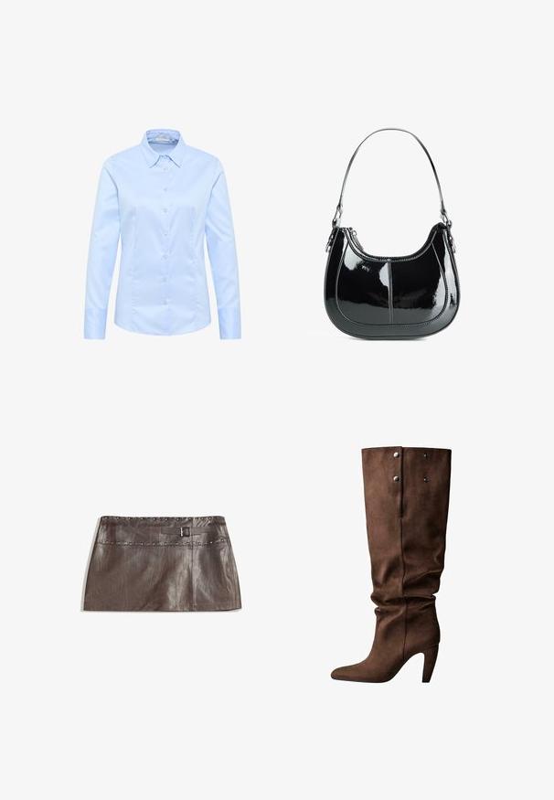 Helles blaues Langarmhemd mit strukturiertem Kragen, Knöpfen auf der Vorderseite und einer glatten, glänzenden Baumwolloberfläche. Schmaler Schnitt mit angeschnittenen Ärmelabschlüssen.; Brauner Leder-Minirock mit einem genagelten Bund und einem Gürtelschlaufen mit Schnalle, glatter Textur und schlankem, geradem Design.; Braune Wildleder-Kniehohe Stiefel mit spitzer Zehe und schlankem Absatz. Verfügt über zwei silberne Druckknöpfe und ein gerafftes Oberdesign.; Schwarze Handtasche aus lackiertem Leder mit geschwungenem Design, Reißverschluss und einem einzelnen Schulterriemen, der mit silberfarbenen Beschlägen und Akzenten in der Naht versehen ist.