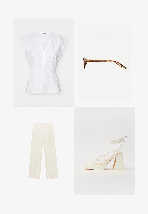 Bluză albă din bumbac, cu mâneci scurte tip capă, design ajustat, decolteu în V, închidere cu nasturi pe față și detalii pliate pe laturi.; Pantaloni cu picioare largi, de culoare crem deschis. Realizați dintr-un material neted, cu plisuri în față și buzunare laterale.; Sandale albe cu toc înalt și gros, cu un design cu curele și legătură la gleznă. Textură netedă, cu o platformă frontală pentru înălțime suplimentară.; Ochelari de soare cu ramă de țestoasă, cu un cadru gros, temple ușor curbate și textură netedă. Prezintă un design clasic, cu o finisare lucioasă.