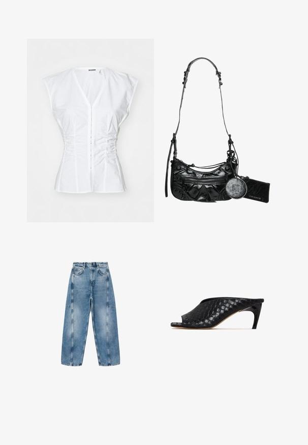Blouse en coton blanc avec des manches courtes type cap, design ajusté, décolleté en V, fermeture à boutons sur le devant et détails froncés sur les côtés.; Jeans en denim bleu clair avec une coupe décontractée, de grandes poches et des coutures contrastées. Le tissu a une finition délavée avec une texture lisse.; Mules tissés noirs avec un bout ouvert et un talon courbé élégant. Le matériau a une finition brillante, arborant un motif texturé à carreaux.; Sac à main en simili cuir noir avec un design courbé, poche avant zippée et quincaillerie décorative, comprenant une pochette à pièces ronde amovible.