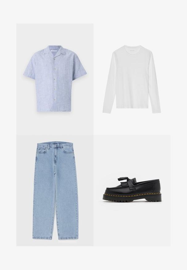 Camicia a maniche corte a righe verticali blu e bianche, con colletto e chiusura a cinque bottoni, realizzata in un tessuto leggero.; Maglietta a maniche lunghe bianca in tessuto morbido, con scollo rotondo e design semplice senza motivi o dettagli visibili.; Jeans in denim azzurro chiaro con design a gamba dritta, caratterizzati da una vita media, cinque tasche e chiusura con bottone e zip.; Mocassino in pelle nera con un'accento a frange, dotato di una suola nera spessa e cuciture gialle lungo il bordo. Finitura testurizzata.