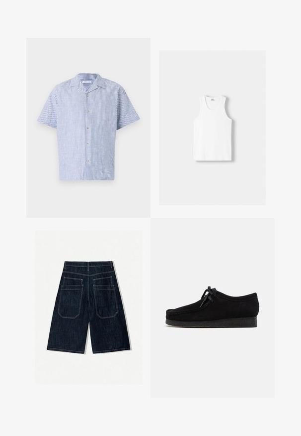 Kratka majica s kratkimi rokavi v modro-beli navpični črti, s kragnico in petimi gumbi, izdelana iz lahkega materiala.; Bela bombažna majica brez rokavov z okroglo izrezom, širokimi naramnicami in ravnim robom, ki se ponaša z gladko teksturo in brez vidnih vzorcev.; Temno modri jeans kratke hlače ohlapnega kroja, z dvema zadnjima žeprakoma, kontrastnim šivanjem in ravnim krojem. ; Črne semiš čevlje z zaobljenim nosom, vezanjem spredaj in teksturiranim črnim gumijastim podplatom. Gladka zgornjost z diskretnimi šivi.