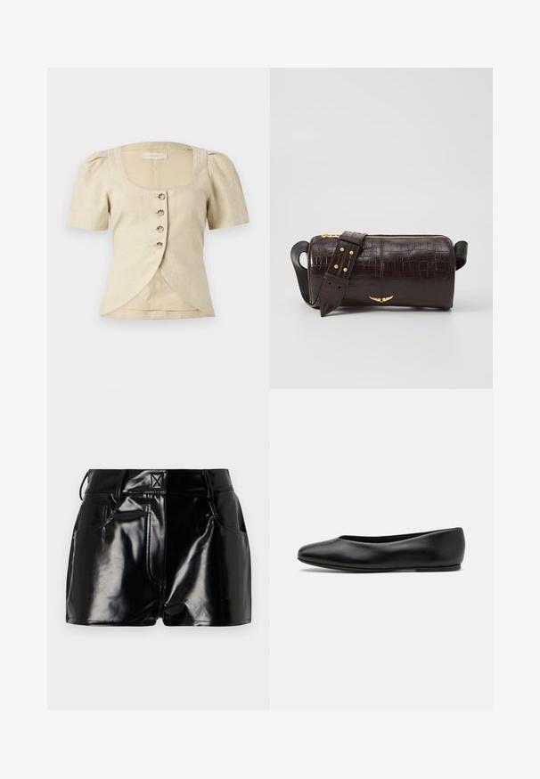 Beige Leinenbluse mit kurzen Puffärmeln, quadratischem Ausschnitt und fünf Knöpfen auf der Vorderseite. Verfügt über ein überlappendes Saumdesign.; Schwarze, glänzende Shorts aus synthetischem Material. Mit einem taillierten Bund, Gürtelschlaufen und vorderen Taschen mit auffälligen Nähdetails.; Paul Smith TOPANGA - Klassischer Ballerina - black; Braune, krokodilgeprägte Lederhandtasche mit zylindrischer Form, goldfarbener Hardware und einem abnehmbaren Tragegurt mit Nieten.