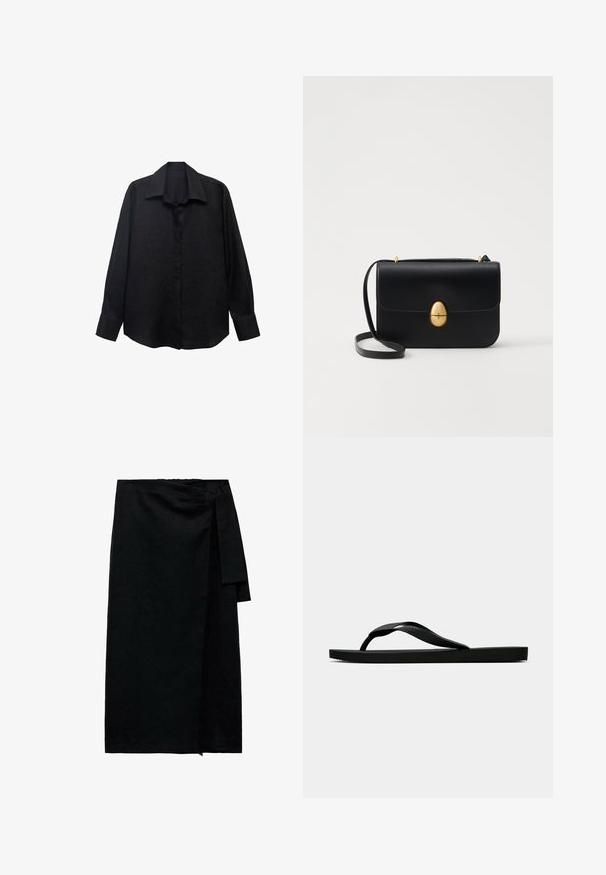 Sorte langærmede skjorte lavet af tekstureret stof med spidse kraver, knaplukning foran og løs pasform. Ærmeafslutningerne er tilpasset med en enkelt knap.; Sort omslag nederdel i et struktureret stof, med en sidelukning med snøring, lige snit og afsluttet kant med let utal.; Sorte gummiflip-flopsandaler med en tekstureret rem og simpel flad sål, vist fra siden på en lys ensfarvet baggrund.; Sort læderhandbag med en struktureret rektangulær form. Har et gyldent ovalt lås og en tynd skulderrem. Glat tekstur.