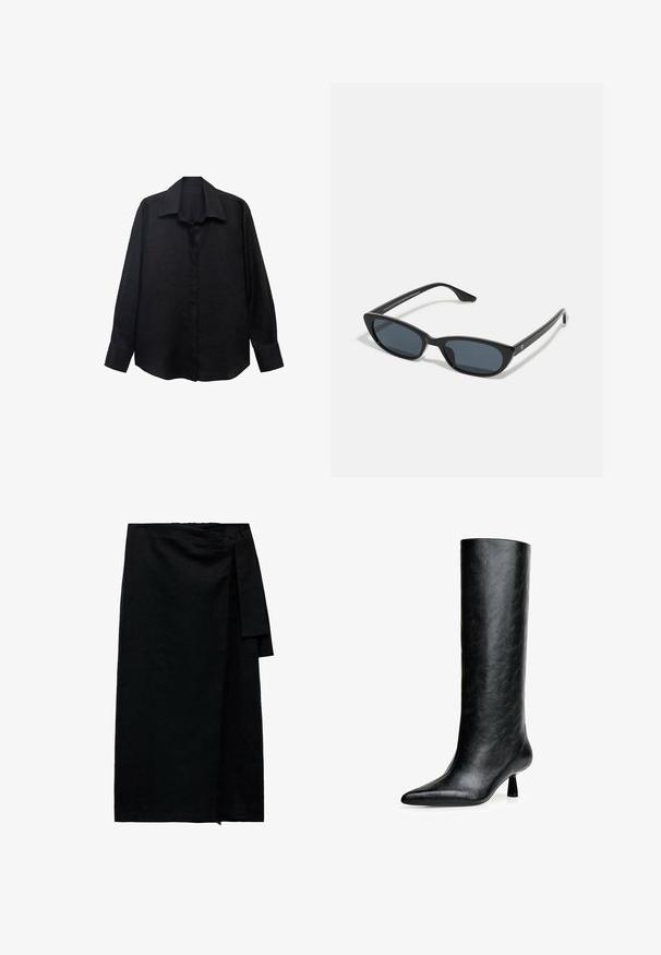 Black long-sleeve shirt made of textured fabric with a pointed collar, button front, and loose fit. Cuffs are tailored with a single button.; Black wrap skirt in a textured fabric, featuring a side tie closure, straight cut, and finished hem with slight fraying.; Black knee-high boot made from textured leather. Features a pointed toe and a small, flared heel. Sleek, smooth design with minimal accents.; Black cat-eye sunglasses with dark lenses, plastic frame, slim temples, and subtle branding on the inner arm. Matte finish texture.; Black leather shoulder bag with a curved silhouette, featuring a gold chain strap and a smooth, glossy finish.