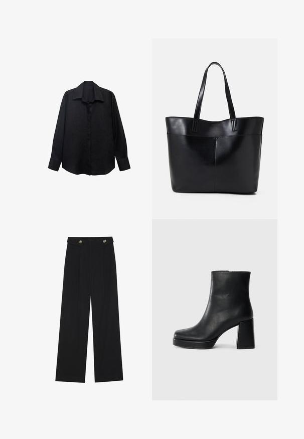 Black long-sleeve shirt made of textured fabric with a pointed collar, button front, and loose fit. Cuffs are tailored with a single button.; Black wide-leg trousers with high waist, button details on waistband, and front pleats.; Black leather ankle boot with a block heel and platform sole, viewed from the side on a plain white background.; Black leather tote bag with two long handles, a smooth texture, and a structured shape. Features a front pocket for additional storage.