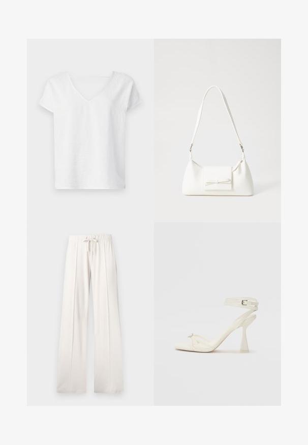 Fehér vászon ing laza fazonnal, rövid ujjakkal és V-kivágással. Enyhén texturált felülettel és oldalsó hasítékokkal rendelkezik a mozgás könnyítése érdekében.; Világos bézs színű, puha anyagból készült melegítőnadrág, állítható derékkal, széles lábakkal és függőleges varratokkal, sima felülettel.; Fehér bőr, pántos, magas sarkú szandál, letisztult limezéssel, átlátszó blokk sarkakkal és díszítő elemmel a lábujjaknál.; Fehér szintetikus kézitáska, háromszög alakú, lapos előlap, masni részlettel, állítható pánttal, sima textúrával és minimalista dizájnnal.