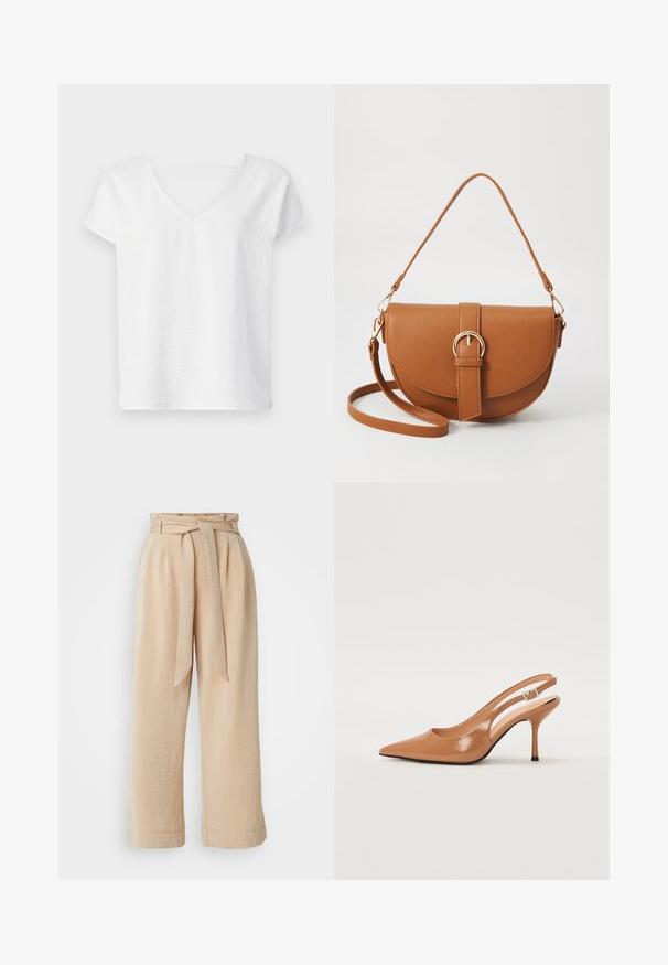 Baltas lina krekls ar brīvu piegriezumu, īsām piedurknēm un V-veida kakla dizainu. Tam ir nedaudz teksturēta virsma un sānu šķautnes, lai nodrošinātu ērtu kustību.; Beiza plaša kāju bikses ar siksnu viduklī, izgatavotas no strukturētas auduma. Iekļauj priekšējo krokā un gludu apdari gar apakšu.; Izteikts pirksta siksnas zābaks, izgatavots no gludas, spīdīgas brūnas materiāla. Piedāvā izliekta izgriezuma dizainu un smalku stiletto papēdi. Sudraba sprādze.; Brūns ādas plecu soma ar izliekta formu, zelta piederumiem un sprādzes akcentu. Iesaiņota ar noņemamu plecu siksnu.