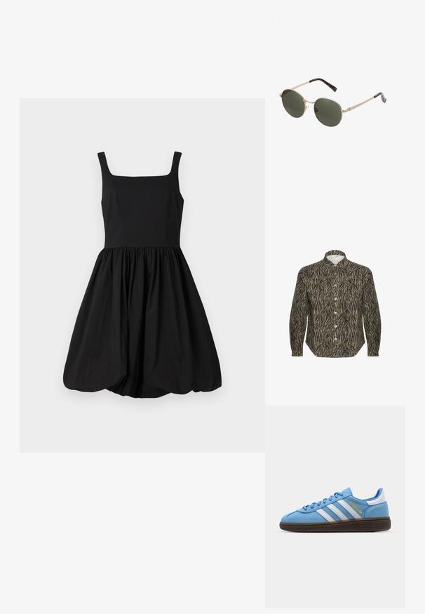 Košile na zapínání s béžovým a černým zebřím vzorem, se strukturovaným límečkem, dlouhými rukávy a výraznými předními knoflíky.; Černé šaty bez rukávů s čtvercovým výstřihem, přiléhavým korzetem a nařasenou, rozšířenou sukňou končící zaobleným lemem. Hladký materiál.; Světle modré semišové tenisky s bílými koženými pruhy, hnědou texturovanou podrážkou a zlatým logem. Nízký design s zaoblenou špičkou.; Kulaté sluneční brýle s kovovými zlatými rámy a tmavě zelenými skly. Rámové nožičky mají design želvoviny pro větší detail.