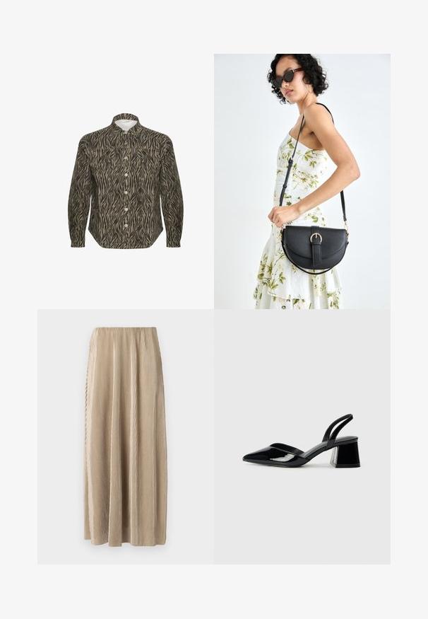 Camicia button-up con un motivo zebrastripes beige e nero, con colletto rigido, maniche lunghe e bottoni frontali ben visibili.; Gonna midi plissettata beige con vita elastica, caratterizzata da strisce verticali e una silhouette fluida per facilità di movimento.; Décolleté in vernice nera con punta affusolata e tacco in geometria cubica. Presentano un design elegante e minimalista, con una texture liscia.; Borsa a tracolla nera in pelle con una forma curva, manico rimovibile e accessori dorati. La borsa presenta una patta con un dettaglio a fibbia.