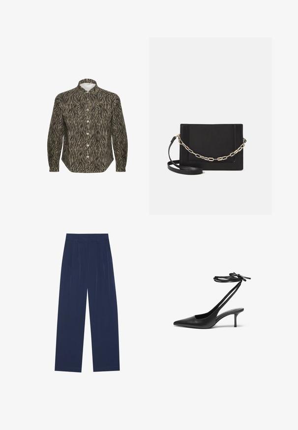 Hemd mit Knopfverschluss in einem beige-schwarzen Zebra-Streifenmuster, mit strukturiertem Kragen, langen Ärmeln und auffälligen Vorderknöpfen.; Himmelblaue Weitbundhosen aus weichem Stoff, mit vorderen Falten, glatter Oberfläche und einem geraden Schnitt ohne sichtbare Taschen.; Schwarzer Leder-Stiletto mit spitzem Zehenbereich, offenem Fersenbereich und mit einer Schleife gebundenen Knöchelriemen. Schlanker 3-Zoll-Absatz. Glatte Textur, minimalistisches Design.; Schwarze Leder-Crossbody-Tasche mit glatter Textur, rechteckiger Form und metallic-kettendetail auf der Vorderseite. Verstellbarer Gurt inklusive.