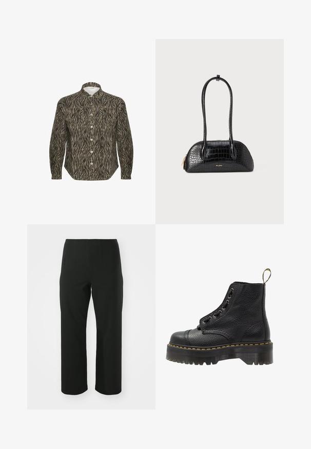 Šviesiai rusva ir juoda zebrų juostų rašto marškiniai su tvirtu apykakle, ilgomis rankovėmis ir ryškiais priekiniais mygtukais.; Vero Moda Curve VMCAUGUSTA PANT - Kelnės - black; Juodas odinis aulinukas iki kulkšnies su tekstūruotu paviršiumi, apvaliu pirštu, raištelių uždarymo dizainu, geltonomis siūlėmis ir storu, briaunotu juodu platformos padu.; Juodas krokodilo rašto rankinukas su lygia tekstūra, apvalia forma ir dviem plonais rankenomis. Aukso logotipo akcentas arti apačios.; Sidabrinės auskarų įrankės, apvalios formos, glotni metalinė danga, be matomų puošmenų, lengvas dizainas, vienodas storis.