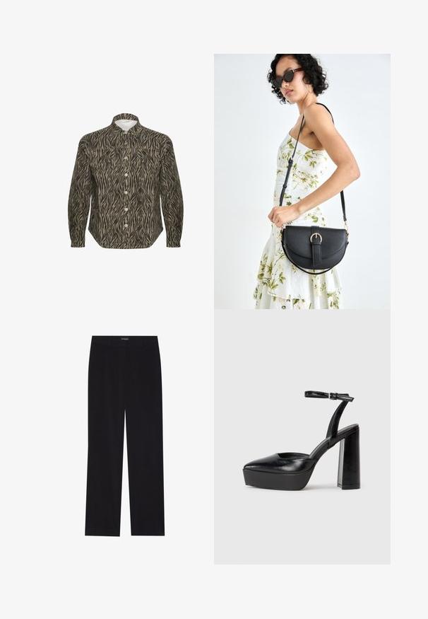Hemd mit Knopfverschluss in einem beige-schwarzen Zebra-Streifenmuster, mit strukturiertem Kragen, langen Ärmeln und auffälligen Vorderknöpfen.; Schwarze Corduroyhose mit geradem Schnitt, flachem Bund und ohne sichtbare Taschen, glatte Textur und vertikale Rippendetails.; Schwarze Plateau-High Heels mit spitzem Zeh und verstellbarem Knöchelriemen. Gefertigt aus glattem Leder und mit einem klobigen Blockabsatz.; Schwarze Lederhandtasche mit geschwungener Form, abnehmbarem Tragegurt und goldenen Beschlägen. Die Tasche verfügt über einen Deckel mit einer Schnallen-Details.