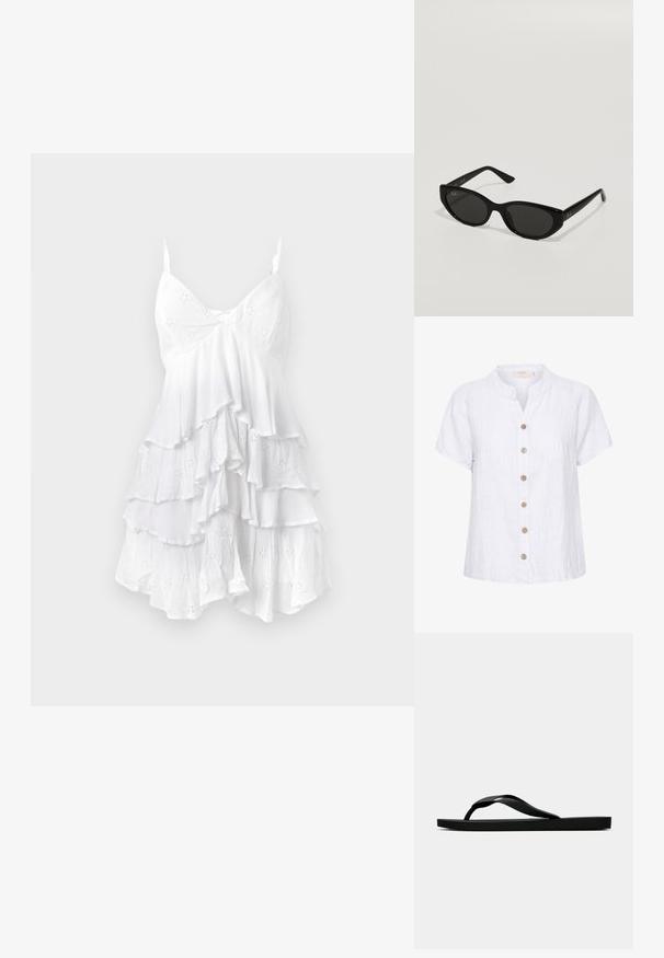 Balta lina krekls ar īsu, noapaļotu apakšējo daļu, ar pogām priekšpusē, kas izgatavotas no koka, un vertikālajām šuvēm.; Balts bezpiedurkņu kleita ar viļņotiem slāņiem, izgatavota no gaisīga auduma, kas rotāta ar acs rakstiem un smalku tekstūru. V veida izgriezums.; Melna gumijas flip-flop sandaļa ar teksturētu nolaists jostu un vienkāršu plakanā zole, attēlota no sāniem uz vienkārša gaiša fona.; Melnas saulesbrilles ar šauru, kaķa acs formu. Izgatavotas no gludas plastmasas, ar tumšiem objektiem un niansētām logotipa akcentiem uz kājām.; Brūns monogrammēts ādas soma ar zelta ķēdes siksnu, rāvējslēdzēja aizdari un plakanu, taisnstūrveida formu. Priekšpusē ir redzams logotips ar iepresēšanu.