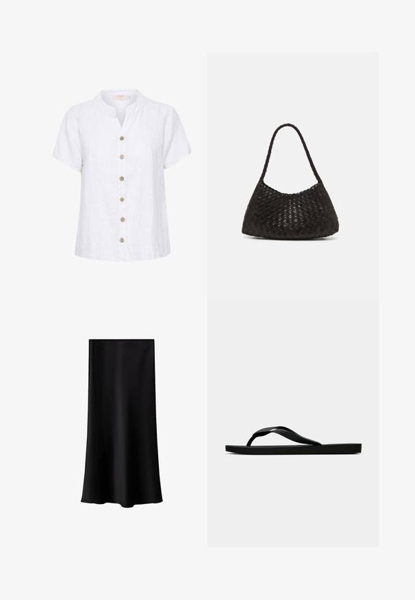 Camicia bianca in lino con colletto corto e arrotondato, caratterizzata da una chiusura frontale con bottoni in legno e dettagli di cucitura verticale.; Gonna midi nera realizzata in tessuto liscio e leggero. Presenta una linea dritta, senza componenti visibili e un design semplice senza fantasie.; Infradito in gomma nera con cinturino testurizzato e suola piatta semplice, mostrati di lato su uno sfondo chiaro e uniforme.; DRAGON DIFFUSION ROSANNA - Borsa a mano - dark brown