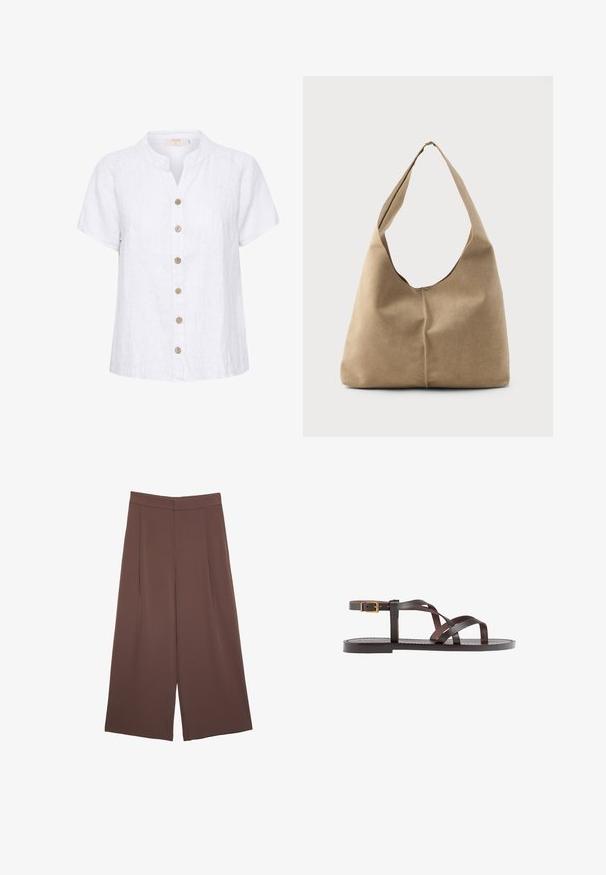 Weißes Leinenhemd mit einem kurzen, runden Kragen, ausgestattet mit einer Knopfleiste aus Holzknöpfen und vertikalen Stitching-Details.; Braune Weite-Leg-Hosen mit einer glatten Textur, hoher Taille und Vorderfalten. Der Stoff ist leicht und fällt locker.; Braune Leder-Sandale mit überkreuzten Riemen, einem Knöchelriemen mit Schnalle und einer flachen Sohle mit minimalen Nähdetails.; Hobo-Tasche aus weichem beigen Wildleder mit einer lässigen Form, breitem Schulterriemen und einer handgestickten Nahtdetail entlang der Vorderseite.