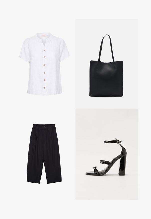 Camicia bianca in lino con colletto corto e arrotondato, caratterizzata da una chiusura frontale con bottoni in legno e dettagli di cucitura verticale.; Pantaloni culotte neri in poliestere con una cintura elastica, due pieghe frontali e una silhouette ampia. Nessun motivo visibile o dettagli in metallo.; Sandali con tacco in vernice nera, con punta squadrata, cinturini alla caviglia e fibbie in argento. Presentano un tacco a blocco spesso per maggiore stabilità.; Borsa tote in pelle nera con texture liscia, forma rettangolare e due manici lunghi. Nessun hardware o decorazione visibile.