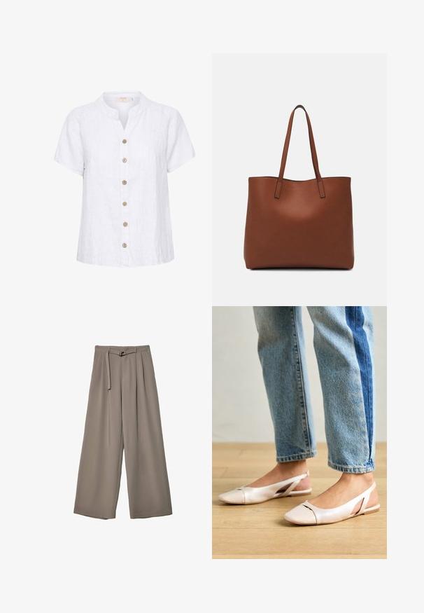 Weißes Leinenhemd mit einem kurzen, runden Kragen, ausgestattet mit einer Knopfleiste aus Holzknöpfen und vertikalen Stitching-Details.; Weite Hose aus einem weichen, gedämpften grauen Stoff, mit einem taillierten Bund und Falten für zusätzliche Design-Details. Glatte Textur, keine Muster.; Blassrosa Slingback-Ballerinas mit spitzem Punkt, aus einem glatten, lederähnlichen Material. Mit Ausschnitten an den Seiten und einem flachen Absatz.; Braune Leder-Tote mit glatter Textur, offenem Oberteil und zwei Schulterriemen. Verfügt über minimale Nähte und keine sichtbaren Beschläge.