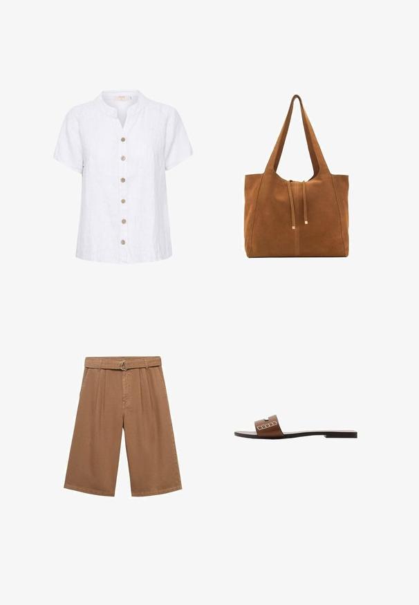 White linen shirt with a short, rounded collar, featuring a button front with wooden buttons and vertical stitching details.; Brown cotton culottes with pleats, wide legs, and a waistband featuring a round silver metal buckle. Smooth texture and casual design.; Brown leather slide sandal with a flat sole, featuring a wide strap and white geometric accents for minimalistic design.; Brown suede tote bag with two long straps, drawstring closure, and minimalistic design. Smooth texture and no visible hardware accents.