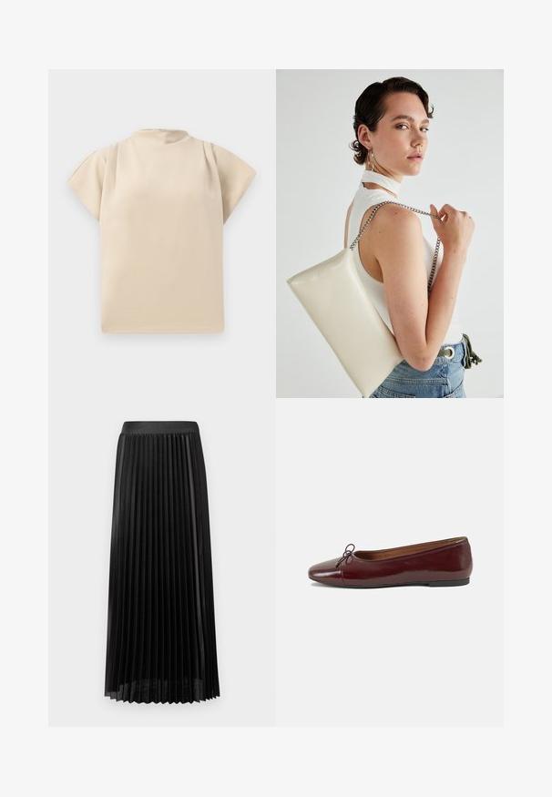 Bežinė trumpa rankovė viršutinė dalis su aukštu kaklu ir laisvu siluetu. Lygus paviršius su švelniu drapavimu ant pečių. Paprastas, minimalistiškas dizainas.; Juodos prigludusios sijonas su lygiu juosmeniu, pagamintas iš lengvos medžiagos. Pabrėžia aštrius vertikalius klostes ir vidutinio ilgio dizainą iki blauzdų.; Bordo lakiotos odos baleto bateliai su apvalia nosimi, maža kaspinėlio akcentu priekyje ir žema juoda guma padanga. Lygi tekstūra.; Balta, stačiakampio formos rankinė pagaminta iš blizgaus medžiagos, su sidabriniu virvute. Modelis pozavo, demonstruodamas rankinę prieš paprastą foną.