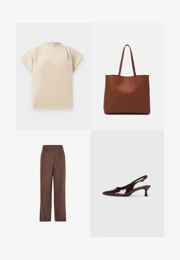 Bež majica s kratkimi rokavi z visokim ovratnikom in sproščenim krojem. Gladka tekstura z oblinami na rameni. Preprosta, minimalistična zasnova.; Brahke tkanine široke hlače z visokim pasom, sprednjimi naborki in gumbom. Gladek material z natančnim krojem.; Rjavi lakirani slingback čevelj z ostro konico in zmerno peto. Ima zaponko za varno prileganje. Gladka tekstura.; Rjava usnjena torba z gladko teksturo, odprto zasnovo zgoraj in dvema naramnima trakovoma. Opremljena je z minimalnim šivanjem in brez vidnih kovinskih delov.