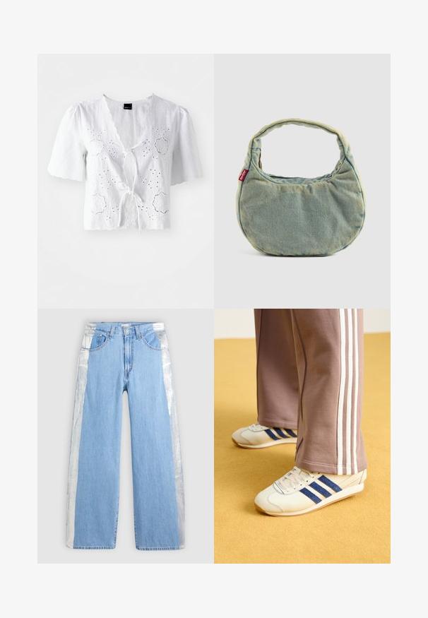 Biela blúzka vyrobená z ľanu s krátkymi rukávmi, ktorá obsahuje vyšívanie s okami, predné zapínanie na uzol a detaily s vlnkovým výstrihom a lemom.; Modré široké nohavice s metalickými striebornými panelmi po vonkajších stranách, s prednými vreckami, pútkami na opasok a gombíkovým zapínaním.; Krémové tenisky s modrými semišovými pruhmi, bielymi šnúrkami a gumovou podrážkou. Tento outfit dopĺňajú šedé teplákové nohavice s bielymi bočnými pruhmi.; Svetlomodrá denimová taška s krátkym polstrovaným uchom a malou červenou etiketou Levi's po boku, umiestnená na jednoliatom pozadí.