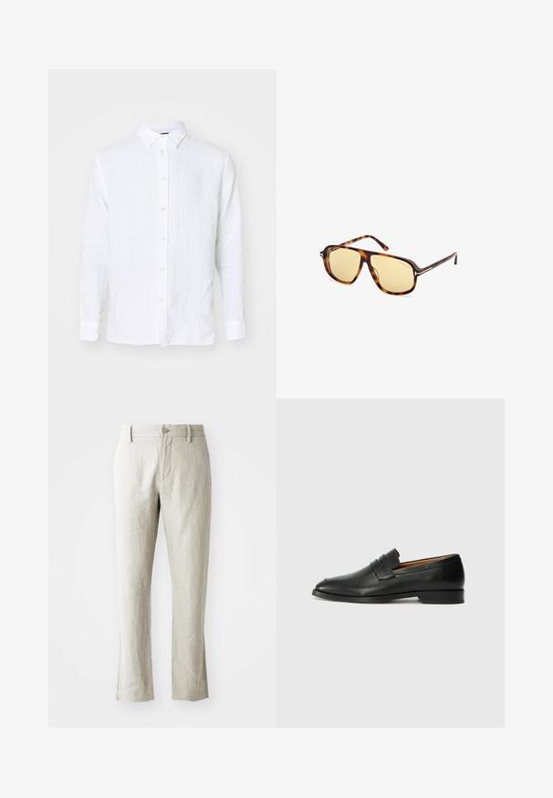 Camicia bianca a maniche lunghe in lino. Caratterizzata da una chiusura con bottoni frontale completa, colletto e polsini. Texture liscia con un aspetto leggero e arioso.; Pantaloni in lino beige chiaro con taglio dritto, sottile texture, chiusura frontale con bottone e due tasche laterali. Progettati per una silhouette pulita.; Mocassino in pelle nera con punta arrotondata, dettagli cuciti sottili e tacco basso, caratterizzato da una texture liscia e un design minimalista.; Occhiali da sole con montatura in acetato tartarugato, lenti gialle, forma quadrata e dettagli in metallo sulle tempie.