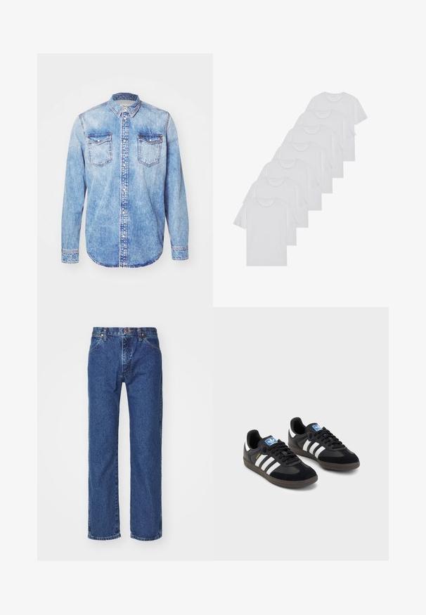 Svijetloplava traper košulja dugih rukava, s kragnom na dugme, dva džepa na prsima i kontrastnim šavovima. Zaobljeni rub i klasičan kroj.; Bijele pamučne majice, kratki rukavi, dizajn s okruglim izrezom, jednostavne teksture, složene u red, s suptilnim brendiranjem na izrezu.; Ravne plave traperice s dugmadi sprijeda, zatvaračem, petljama za remen i dizajnom s pet džepova na jednobojnoj bijeloj pozadini.; Crne tenisice s gornjim dijelom od antilopa i sintetičkog materijala, s tri bijele pruge, teksturiranom gumenom potplatom i plavom oznakom na jeziku.