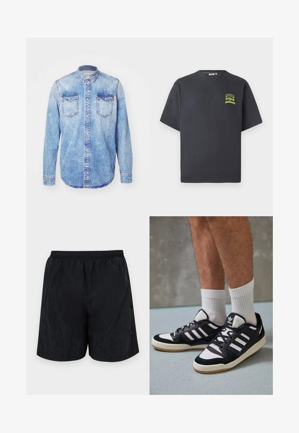 Svijetloplava traper košulja s dugim rukavima, kragnom na dugme, dva džepa na prsima i kontrastnim šavovima. Zaobljeni rub i klasičan kroj.; Črno-siva Adidas majica s kratkimi rokavi in majhnim neon zelenim grafičnim motivom z zvočniki, soncem in Adidasovim logotipom na levi strani prsnega koša.; Črne kratke hlače iz lahkega, teksturiranega materiala, z elastičnim pasom in stranskimi paneli za eleganten videz.; Črno-bele superge z zgornjim delom iz usnja in nubuka, ki imajo tri bele črte, perforiran vrh prstov in podplat iz gume.