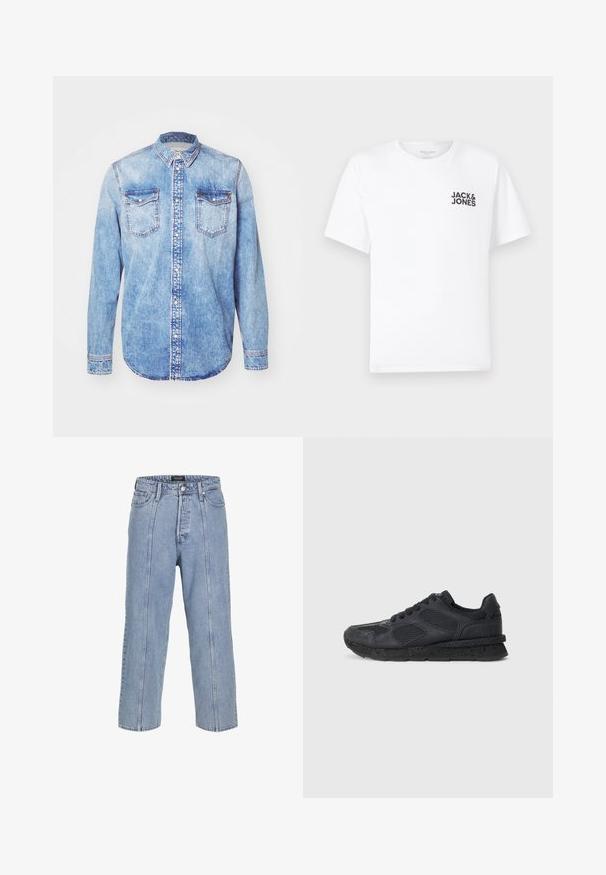 Světle modrá džínsová košile s dlouhými rukávy, knoflíkovým límcem, dvěma kapsami na prsou a kontrastním prošíváním. Zaoblený lem a klasický střih.; Bílý bavlněný tričko, krátké rukávy, kulatý výstřih. Obsahuje černý textový logo "JACK & JONES" na levé straně hrudníku. Jednoduchý, hladký design.; Světle modré džíny z denimu s volným střihem, širokými nohavicemi a viditelnými švy. Obsahují zapínání na knoflík a zip, pět kapes.; Replay ARTHUR ATOM - Tenisky - black