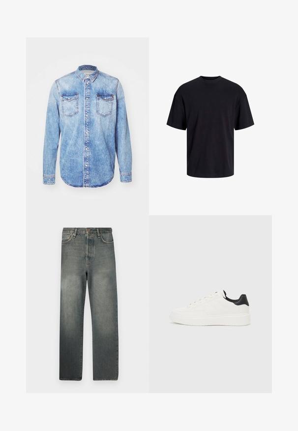 Svijetloplava traper košulja s dugim rukavima, kragnom na dugme, dva džepa na prsima i kontrastnim šavovima. Zaobljeni rub i klasičan kroj.; Črna bombažna majica s krojačkom izrezom, kratkimi rokavi in sproščenim krojem. Gladka tekstura in brez vidnih vzorcev ali poudarkov.; Jack & Jones JJIALEX JJCOOPER - Vrečaste kavbojke - black denim; Beli usnjeni superge z embosiranim vzorcem, teksturiranimi belimi srednjimi podplati in črnim poudarkom na peti. Imajo zaobljen nos in ravne vezalke.