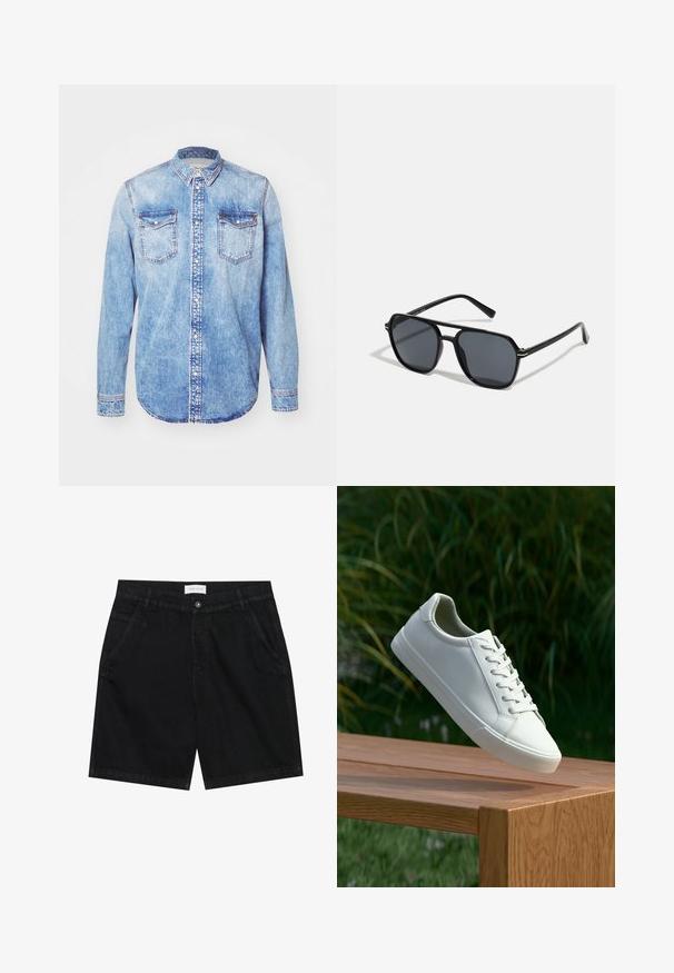 Gai zilo džinsu krekli ar garām piedurknēm, pogām uz leju, divām krūšu kabatām un kontrastējošām šuvēm. Noapaļots apakšmalas un klasiskā piegriezuma.; Melnas džinsu šortus ar klasisku piegriezumu, kas satur divas priekšējās kabatas, pogu aizdari un birku uz jostas vietas. Struktūrēta auduma.; Baltas šņorējamais sneakers, kas pārvietojas virs koka solu ar zaļiem zariem fona, izceļot apavu dizainu un tekstūru.; Melnas saules brilles ar astoņstūra rāmī, tumšiem stikliem, spīdīgu apdari, plānām kājām un zelta akcentiem priekšpusē.
