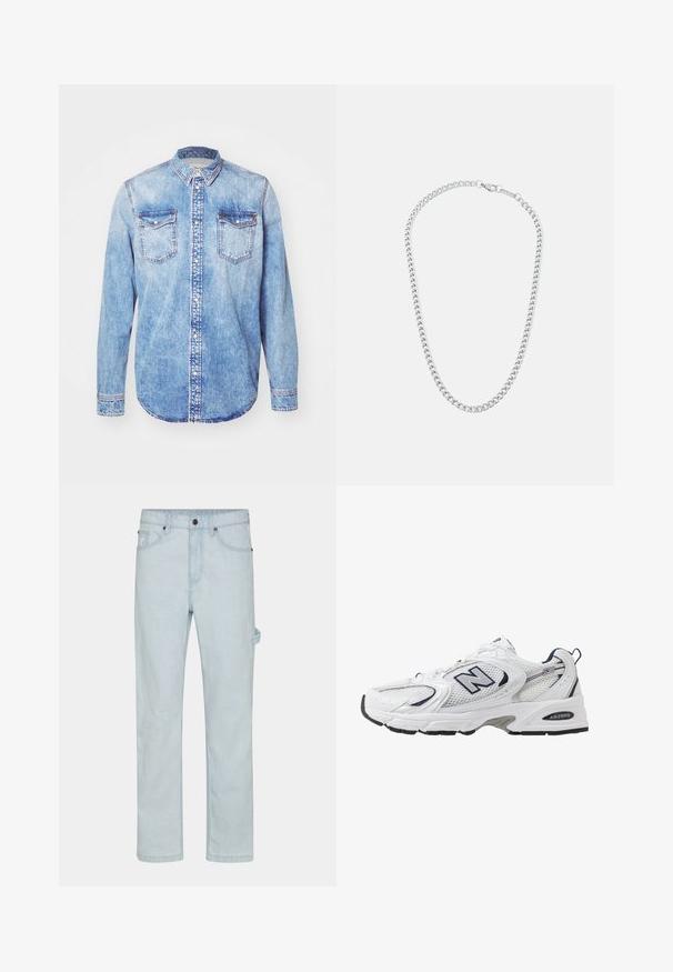 Camicia in denim blu chiaro con maniche lunghe, colletto button-down, due tasche sul petto e cuciture a contrasto. Orlo arrotondato e vestibilità classica.; Jeans in denim azzurro chiaro, a gamba dritta, con chiusura a bottone, cinque tasche e dettagli laterali per una funzionalità aggiuntiva.; Scarpa sportiva bianca con tomaia in mesh, dettagli in blu marino e suola imbottita. Presenta il logo "N", lacci e dettaglio texturizzato sul lato.; Collana in metallo argentato con maglie intrecciate e chiusura sicura, texture liscia, finitura uniforme e design classico.