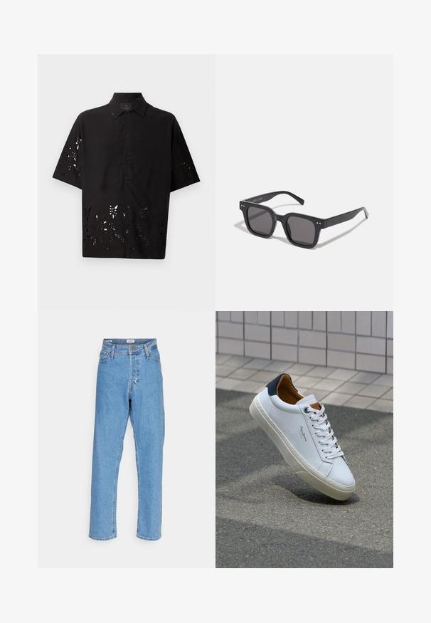 Must muströmpääriga must särk, millel on kraega kaelus ja lõikega lillemuster alläärtes, esipoolne nööpide sulgemine ja sile tekstuur.; Heled sinised kõrge vöökoha sirged teksad eesnupu ja lukuga, vööloopide ja viie-tasku disainiga valge tausta ees.; Valge nahast tennis, millel on tumesinine konts, ümmargune nina ja kontrastsed pruuni aktsendid. Omab lamepaelti ja tekstureeritud kummist tallat.; Mustad mustan värvi päikeseprillid tumedate läätsedega, pakse raami, diskreetsete detailidega külgedel ning ilma nähtavate logota, peale brändinime.; Hõbedane roostevabast terasest kvarts kell musta ristküliku kujulise näoga, millel on analoognõjad, digitaalelektrooniline kuva ja vee vastupanu silt.