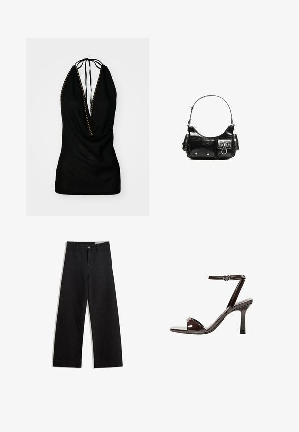 Čierny halterneck top s hlbokým výstrihom do V, so zlatými akcentmi okolo výstrihu. Vyrobený z ľahkého materiálu s drapériovým designom.; Čierne denimové nohavice s širokými nohavicami a vysokým pásom, so prednými a zadnými vreckami, šitými švami a zapínaním na gombík. Hladká textúra.; Hnedé lakované sandále na vysokom opätku s remienkom okolo členka, otvorenou špičkou a elegantným, minimalistickým dizajnom. Obsahujú štvorcovú pätu.; Čierna laková kožená kabelka s ohnutým tvarom, jedným ramenným popruhom, prednými vreckami a striebornými kovovými doplnkami.