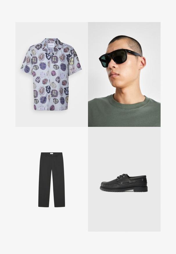 Kratek rokav srajca iz lahkega blaga, z lahkim modrim osnovnim odtenkom in večbarvnimi krožnimi vzorci ter gumbi spredaj.; Črne hlače iz lahkega materiala. Imajo ravno nogavico, ravno sprednjo stran, stranske žepe in diskretno pasovi.; Črne usnjene čolnarice z debelim gumijastim podplatom, vezanjem spredaj in dekorativnimi stranskimi očesi na enobarvni svetlo sivi podlagi.; Črne pravokotne sončna očala s temnimi lečami, ki imajo značilno obliko in blagovno znamko na ročaju. Nosijo jih oseba v zeleni majici.