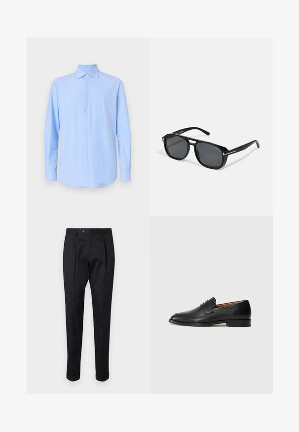 Vaaleansininen napillinen paita, jossa on pystysuoria raitoja, pitkät hihat, terävä kaulus ja valkoiset napit, valmistettu sileästä, kudotusta kankaasta.; Musta housut, jotka on valmistettu sileästä kankaasta, ja niissä on etuosassa laskos, nappisulku sekä käänteet nilkassa.; Musta nahkainen loafer, jossa on pyöreä kärki, hienovarainen ommelkoristelu ja matala korko, joka on varustettu sileällä pinnalla ja minimalistisella designilla.; Mustat neliönmuotoiset aurinkolasit harmailla linsseillä, joissa on tyylikkäitä kultaisia yksityiskohtia onkulmissa ja matta pinta, joka luo nykyaikaisen ilmeen.