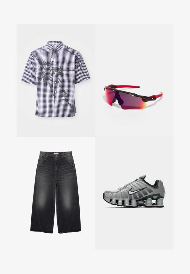Košeľa s krátkym rukávom na gombíky s námorníckym a bielym károvaným vzorom a nepravidelnými čiernymi abstraktnými grafickými čiarami cez prednú časť a rukávy.; Biely bavlnený tielko s okrúhlym výstrihom, širokými ramennými popruhmi a rovnom spodným lemom, ktoré má hladkú textúru a žiadne viditeľné vzory.; PULL&BEAR MEGA BAGGY - Džínsy baggy - black; Sivé a čierne bežecké topánky Nike s viditeľným odpružením podobným pružine pod podrážkou a bielym logom swoosh na boku.; Oakley RADAR PATH UNISEX - Slnečné okuliare - 100t matte black