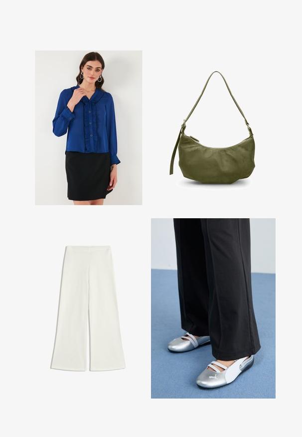Modra bluzica iz lahkotnega materiala z nabranim sprednjim delom, gumbi za zapiranje in dolgimi rokavi z nabranimi manšetami, kombinirana z črno krilom.; Bele široke hlače iz gladkega materiala. Imajo visok pas in brez vidnih šivov, kar ustvarja čist silhuet.; Srebrni in beli ravni čevlji s prečnimi naramnicami in strukturiranimi detajli, dopolnjeni z ohlapnimi črnimi hlačami. Postavljeno na modro tla.; Olivnozeleni usnjeni nahrbtnik v obliki polkroga, z zadrgo in nastavljivim trakom. Gladka tekstura z minimalnimi kovinskimi detajli.