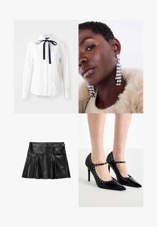 Camisa branca de algodão com mangas longas, colarinho pontiagudo, gravata de fita azul-marinho e bordado de estrela-do-mar prateada como detalhes notáveis.; Saia de couro preta com pregas, cintura larga e dois detalhes de fivela de cada lado. Textura suave com um acabamento brilhante.; Sapatos de salto alto em verniz preto com bicos pontiagudos, tiras para o tornozelo e tachas metálicas nas bordas. Saltos stiletto finos.; Brincos de gota prateados com múltiplos strass transparentes, apresentando um design em cascata e superfícies texturizadas, contra um fundo neutro.