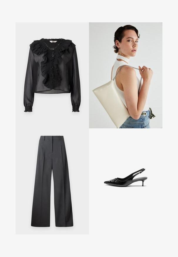 Blusa preta transparente com mangas longas, decote franzido e placket frontal. Apresenta detalhes plissados e punhos elásticos. Tecido leve.; Calças de perna larga em tecido cinza escuro, apresentando uma cintura alta, pregas simples e uma textura suave com um acabamento limpo nas bainhas.; Sapatos de salto alto slingback em couro preto com bico fino, pequeno salto kitten e um detalhe decorativo em forma de nó na parte da frente. Textura suave em toda a parte.; Bolsa de mão retangular branca, feita de material brilhante, com uma alça em corrente prateada. Modelo posa, exibindo a bolsa contra um fundo simples.