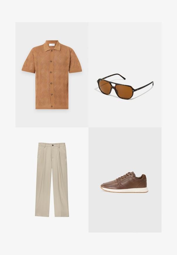 Krátký rukáv košile ze světle hnědé pleteniny s diamantovými vzory, s límečkem a zapínáním na knoflíky s hnědými knoflíky.; Béžové kalhoty klasického střihu, se jedním černým knoflíkem, poutky na opasek a bočními kapsami. Hladká textilie a minimalistický design.; Tommy Hilfiger HYBRID - Tenisky - legacy brown; Brýle z želvovité skořápky s hnědými skly, obdélníkový tvar a kovové akcenty na rámu. Elegantní design s tenkými stranami.