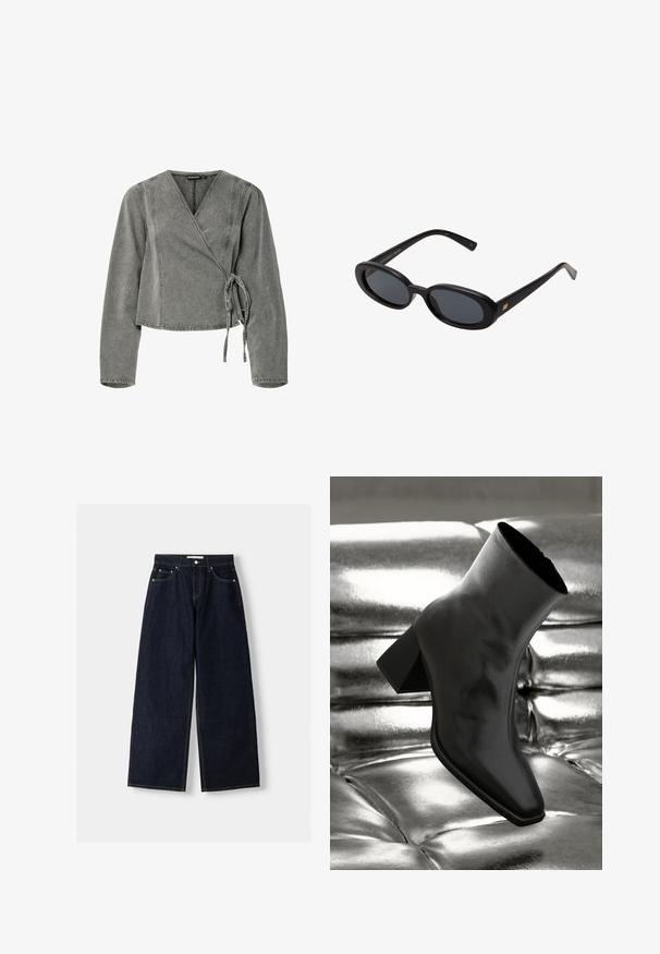 Sakou u obliku zavijanja od sive denima, s dugim rukavima, vezanjem, v-izrezom i kontrastnim šavovima duž rubova.; Tamno plavi traper široki traperice viskog struka, s pet džepova, kontrastnim šavovima i srebrnim metalnim detaljima. Glatka tekstura i čista obrada.; Crni gležnjača napravljena od sjajnog materijala sa četvrtastim vrhom i suženom petom, postavljena protiv srebrne sjajne pozadine sa nabranim uzorkom.; Crne velike sunčane naočale s ovalnim staklima, glatkim plastičnim okvirom i zlatnim detaljima na sljepočnicama. Tamna stakla pružaju zaštitu od sunca.